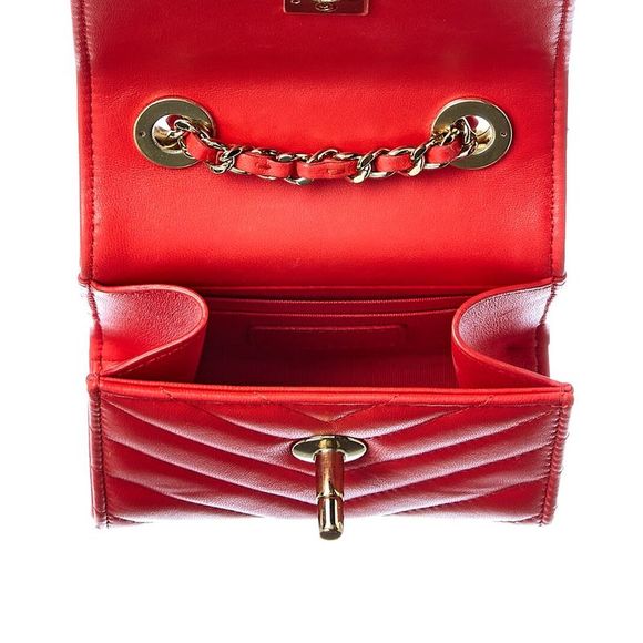 Chanel Vermilion Quilted Lambskin Leather Chevron Mini Flap Bag (Authentic - Picture 4 of 5